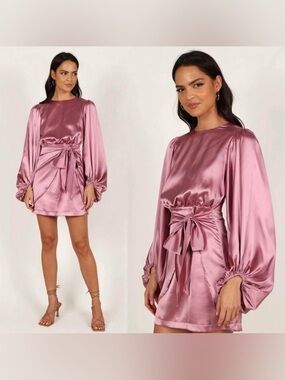 Opal Tie Waist Long Sleeve Satin Minidress Dusty Rose -Petal and Pup